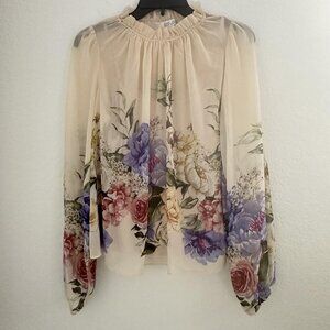 Rachel‎ Zoe Blouse Womens Small Beige Floral L/S Sheer Romantic Fairy Whimsical